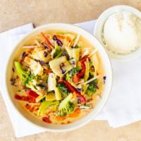 Chiang Mai Noodles · Spicy Thai red curry with chicken, rice noodles,, mushrooms, bamboo shoots, red bell peppers...