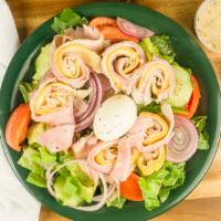 Chef'S Salad · Lettuce, tomatoes, cucumbers, onions, green peppers, ham and American & provolone cheese.