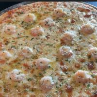 Shrimp Scampi Pizza · Alfredo sauce, shrimp, fresh garlic, tomatoes and mozzarella cheese.
