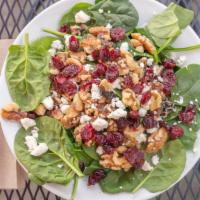 Spinach Salad · Fresh spinach,goat or feta cheese,dried cranberries,walnuts and your choice of dressing.