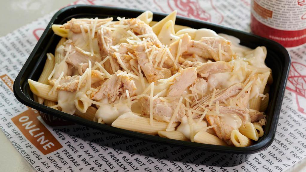 Chicken Alfredo · ALL Goodcents To Go meals include a 50 cent donation to a local charity. Mostaccioli noodles with rotisserie chicken and creamy alfredo sauce (must reheat to eat, not customizable).