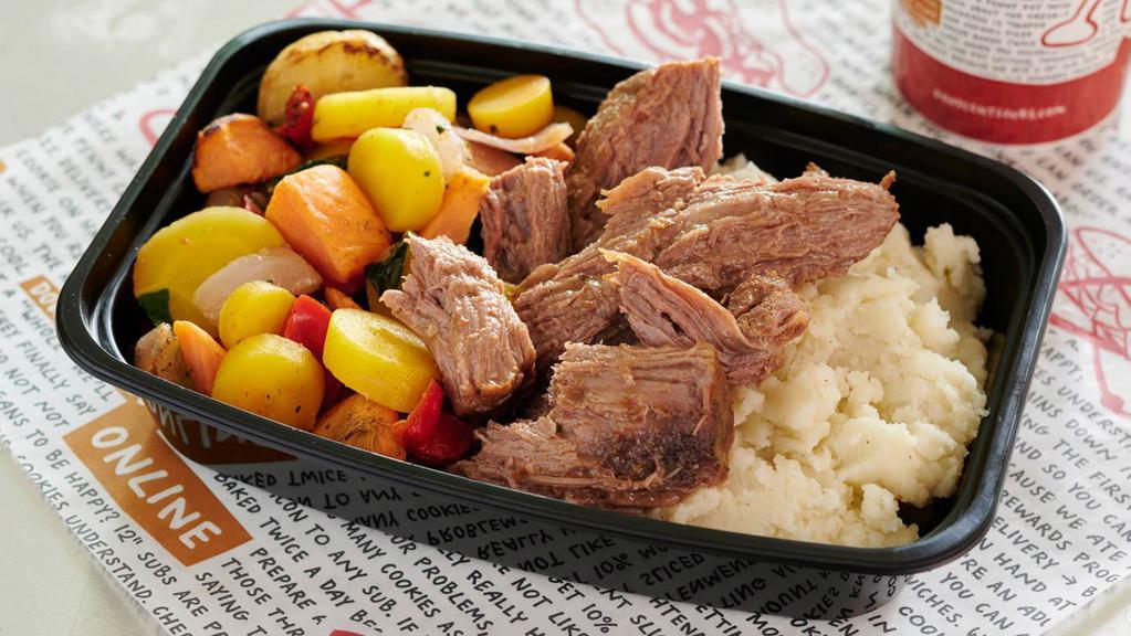 Classic Pot Roast · ALL Goodcents To Go meals include a 50 cent donation to a local charity. Classic pot roast served on buttery mashed Yukon potatoes with a blend of roasted vegetables (must reheat to eat, not customizable).