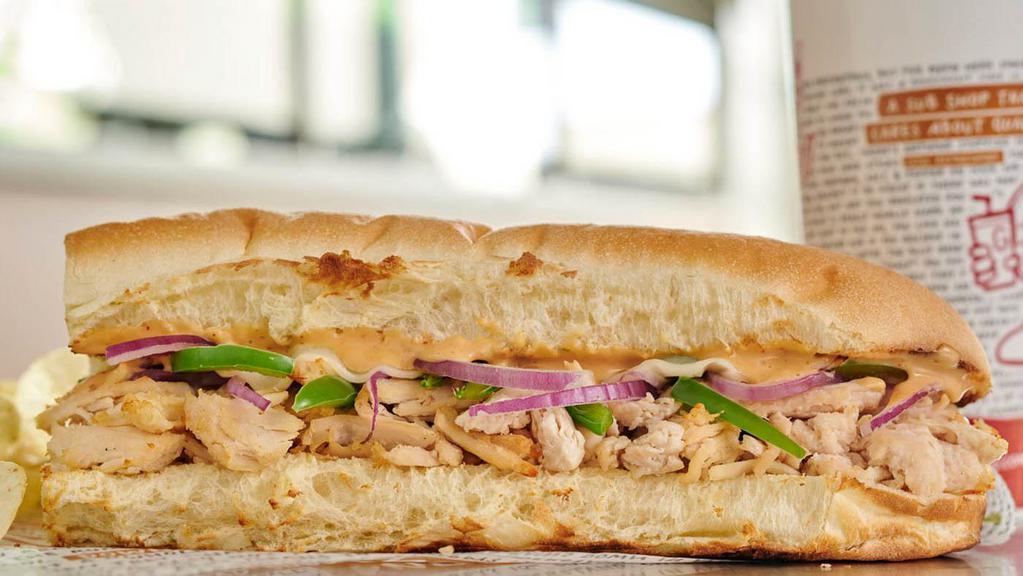 Chipotle Cheese Chicken · Shredded rotisserie chicken, pepper jack cheese, green peppers, onions, Chipotle Ranch dressing