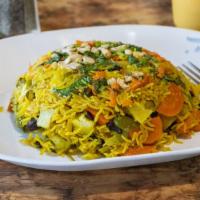 Vegetable Briyani · VEGAN/GF.  Aromatic saffron rice cooked with fresh vegetables and fresh herbs.