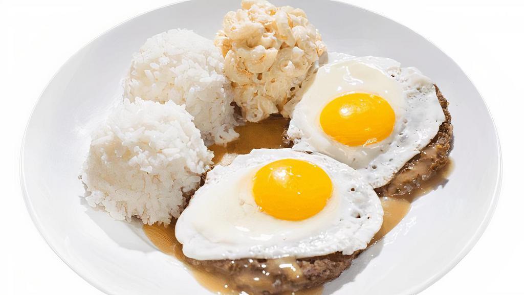 Mini Loco Moco Plate · The plate includes 2 scoops of rice and 1 scoop of macaroni salad.