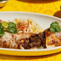 Carne Asada Burrito  · caramelized onion, charred scallion relish, jack cheese, ancho chile sauce
