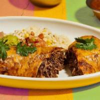 Short Rib Machaca Burrito  · caramelized peppers & onions, yellow cheese, ancho chile sauce, cilantro