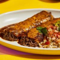 Short Rib Machaca Enchiladas · caramelized peppers & onions, yellow cheese, ancho chile sauce, cilantro
