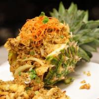 Pineapple Fried Rice · Vegan, gluten free. Popular stir-fried Hom Mali rice fried with chicken, prawns, pineapple, ...