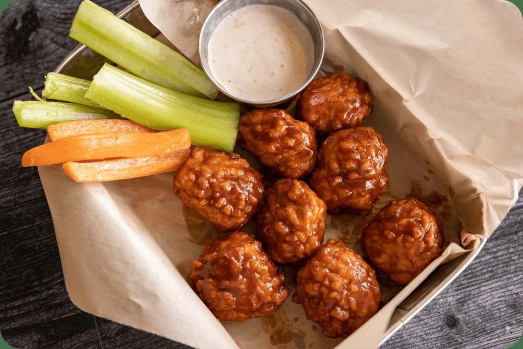 Boneless Wings · Breaded and tossed in your choice of spicy Buffalo, BBQ bourbon or Thai peanut. Served with carrots, celery & dipping sauce. (cal 1100-1270)