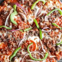 Rancher · Tomato sauce, ground beef, pepperoni, bacon, tomatoes, red onions, green peppers & mozzarell...