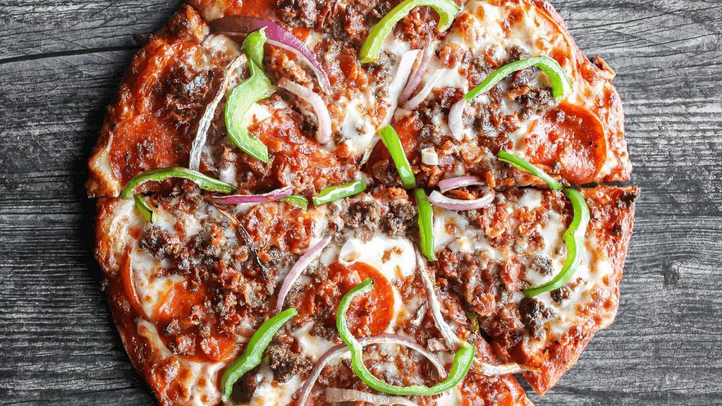 Rancher · Tomato sauce, ground beef, pepperoni, bacon, tomatoes, red onions, green peppers & mozzarella. (cal 190 - 410 / slice)