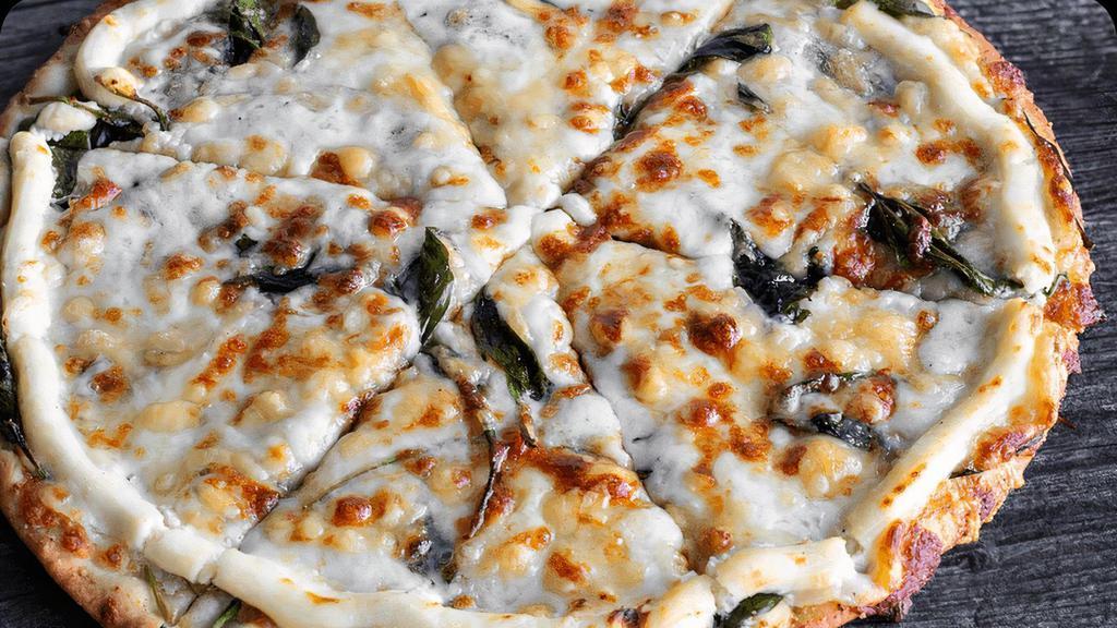 Humble Pie · Olive oil & garlic, spinach, mozzarella, Asiago, Fontina & ricotta cheeses. (cal 210-420 / slice)