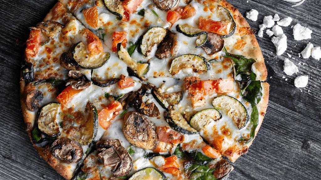 Mackenzie River · Olive oil & garlic, spinach, roasted zucchini, mushrooms, tomatoes & mozzarella, dusted with feta. (cal 180 - 400 / slice)