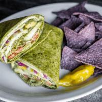 Green Horn Veggie Wrap · Avocado, tomatoes, cucumbers, sprouts, red onions, provolone & pesto mayo in a spinach wrap....