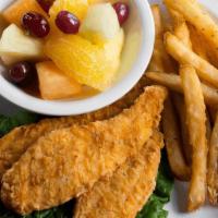 Chicken Tenders · with crispy-baked fries and your choice of dipping sauce. (cal 450)