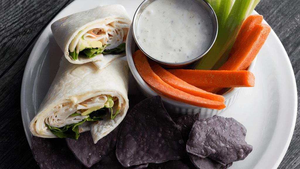 Turkey Wrap · Flour tortilla, turkey, fresh avocado, spinach, cheese & light mayo. (cal 810)