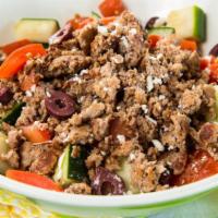 Greek Turkey Bowl · (818 cal, 44gm fat, 52 carbs, 52gm protein) Ground turkey, brown rice, cucumbers, tomatoes, ...