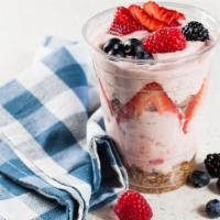 Berry Parfait · (356 cal, 13gm fat, 52 carbs, 11gm protein) Layers of our granola, strawberry yogurt, & fres...
