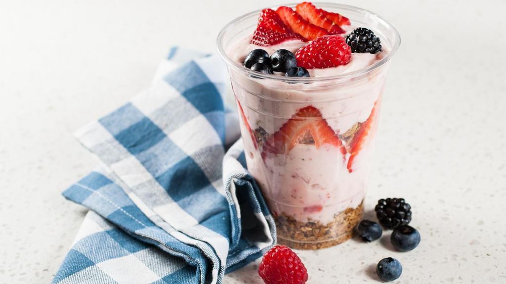 Berry Parfait · (356 cal, 13gm fat, 52 carbs, 11gm protein) Layers of our granola, strawberry yogurt, & fresh berries.
