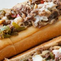 Mushroom Pepper Cheese Steak · Recommended. Thinly sliced steak heaped on an Italian roll, white or wheat, served with or w...