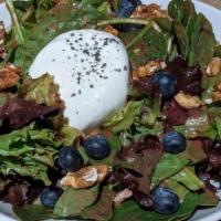 Berry & Burrata Salad · Mixed greens, spinach, blueberries, burrata cheese, candied walnuts, balsamic vinaigrette, ....