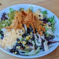 Taco Salad · Mixed greens with white balsamic vinaigrette, black bean-corn salsa, cheddar, pickled jalape...
