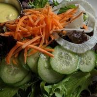 House Salad - Small* · Mixed greens, seasonal garnishes (carrot, shaved fennel, cucumber), choice of dressing:. Bal...