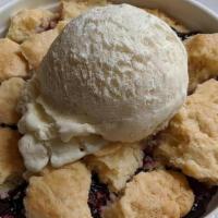 Marionberry Cobbler · Local marionberries, candied ginger biscuit, served warm with cream cheese ice cream