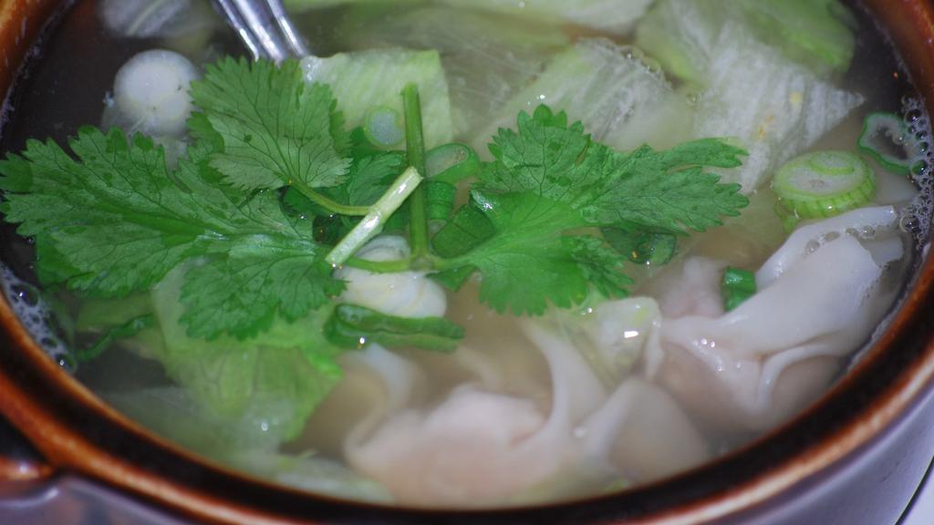 Wonton Soup · Marinated minced veggie and chicken wrapped in wonton skin, cooked in clear chicken broth with iceberg lettuce and sprinkled with chopped onions.
