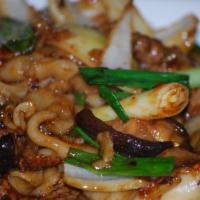 Hong Kong Stir-Fried Noodle · Your choice of protein stir-fried with wide flat rice noodles, sliced onions, shiitake mushr...