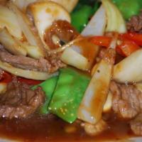 Mongolian · Choice of Protein with mushrooms, bell peppers, onions and snow peas with our homemade sweet...
