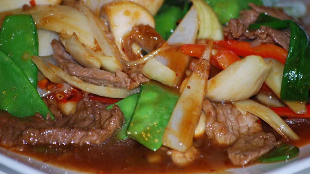 Mongolian · Choice of Protein with mushrooms, bell peppers, onions and snow peas with our homemade sweet and tangy Mongolian sauce. Served with jasmine rice.