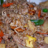 8 Treasure You Have To Find · Healthy brown rice stir-fried with your choice of protein with eggs and sliced chicken toget...
