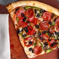 Mount Combo Pizza (12'') · Heaps of pepperoni, Italian sausage, Canadian bacon, mushrooms, black olives, onions, and gr...