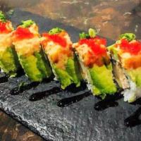 Cherry Blossom · Tempura shrimp, cream cheese, crab meat top with avocado sheet,lobster salad, red tobiko, gr...
