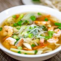 R.N.S. With Shrimp & Vegetables / Phở Tôm · Add meat, meatball, extra noodles, veggies, extra white onion; an extra sauce with an additi...