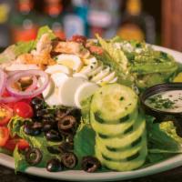 Cobb Salad · Grilled Chicken, Tomatoes, Avocado, Bacon, Red Onion, Black Olives, Cucumbers, Feta & an Egg...