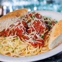 Schpaghetti & Meatballs · Spaghetti topped with fresh marinara sauce and Parmesan cheese.