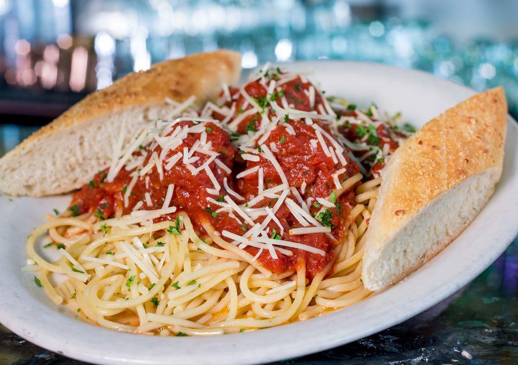 Schpaghetti & Meatballs · Spaghetti topped with fresh marinara sauce and Parmesan cheese.