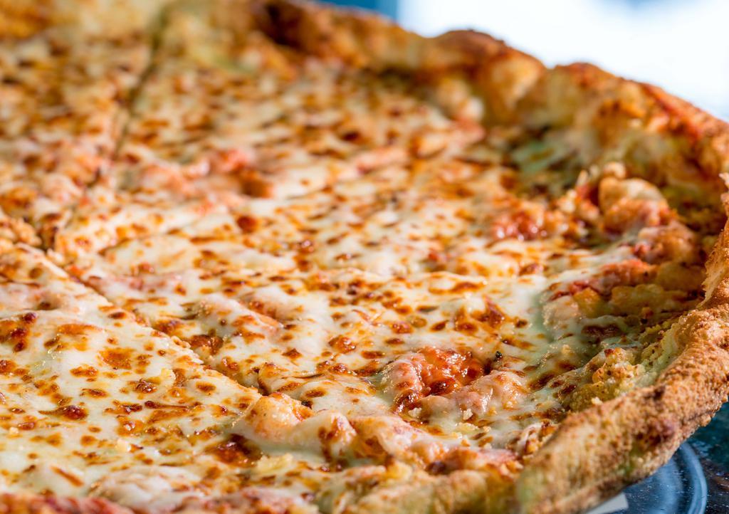 Cheese Pizza · A creamy pile of 100% mozzarella and parmesan cheese.