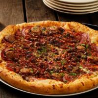 Sch'Meat'Za Pizza · Canadian bacon, crumbled Italian sausage, genoa salami, pepperoni, ground beef, bacon and sl...