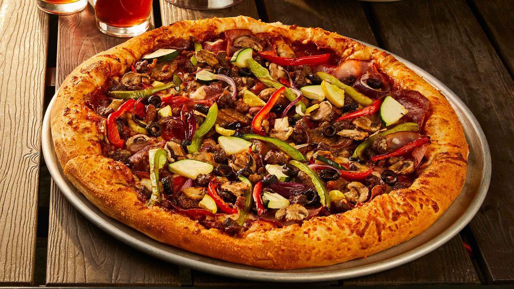 The Sink Pizza · Canadian bacon, genoa salami, spicy Italian link sausage, pepperoni, ground beef, crumbled Italian sausage, mushrooms, red onions, green and red bell peppers, zucchini, yellow squash, black olives and chopped tomatoes.