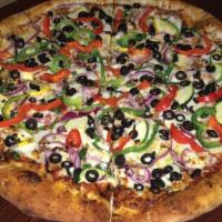 Extreme Veggie Pizza · Roasted red and green peppers, fresh mushrooms, spinach, red onions, zucchini, black olives ...