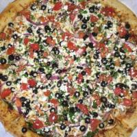 Greek Veggie Pizza · Fresh spinach, Roma tomatoes, red onions, black olives, garlic and feta cheese.