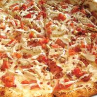 Chicken Bacon Ranch Pizza · Garlic chicken, bacon crumbles, Canadian bacon and cooked tomatoes on our buttermilk ranch b...