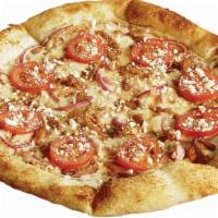Bbq Chicken Pizza · Texas-style marinated chicken, sweet red onions, tomatoes and feta cheese crumbles on a bed ...