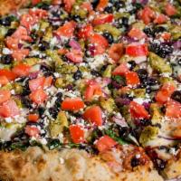Zorba Chicken Pizza · Savory pesto chicken, fresh spinach, sweet red onions, organic black olives and Roma tomato ...