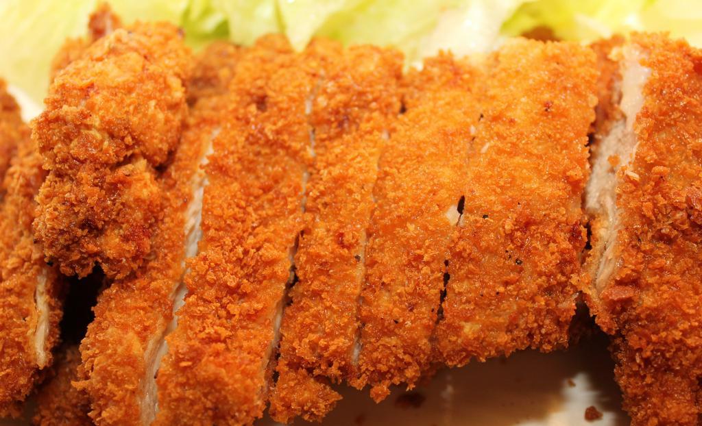 Chicken Breast Katsu · Crispy Japanese style fried chicken cutlet. Served with steamed rice and salad!