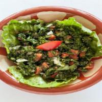 Tabouli · Our delicious and popular Mediterranean salad. Finely chopped parsley with bulgur wheat, tom...